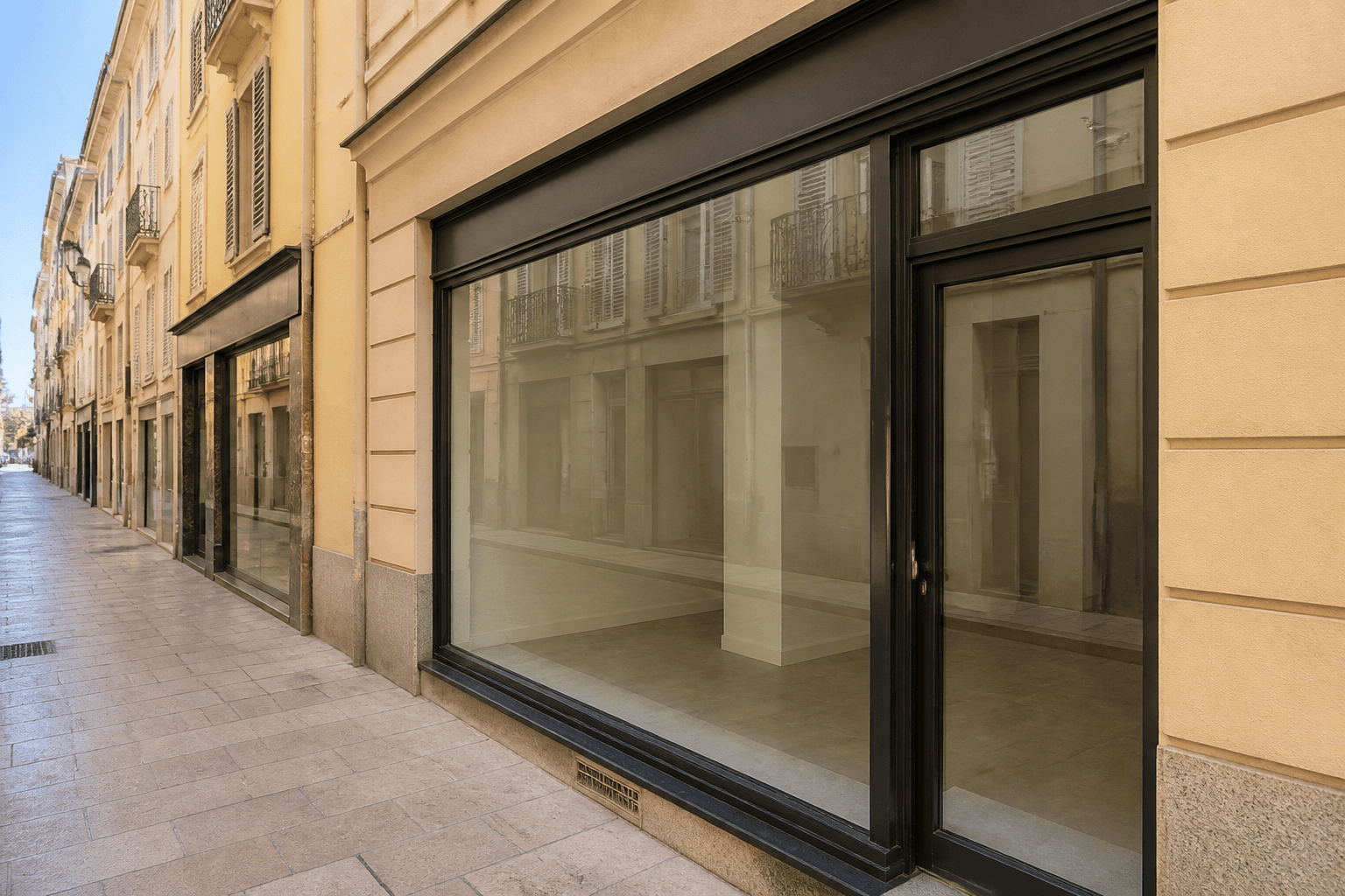 Vitrine de commerce à Nice, grande vitre propre sur une rue calme.