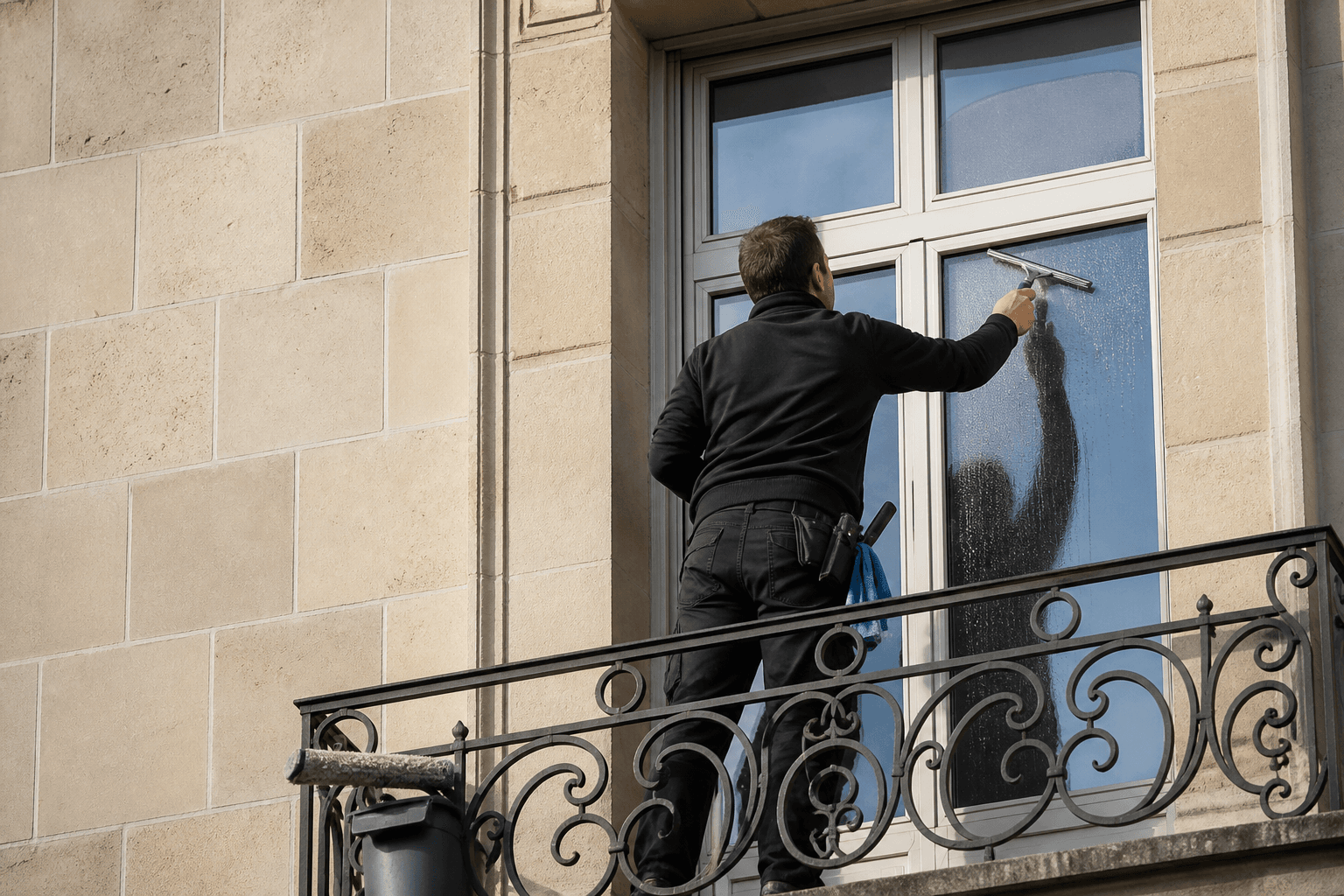 Intervention sur une façade d’immeuble à Nice, nettoyage des vitrages depuis un balcon.